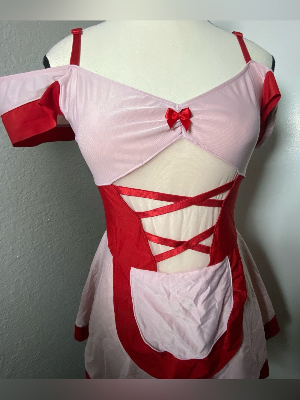 Y2K Pink & Red Cutout Mesh Maid Costume Size S/M - Picture 3 of 7